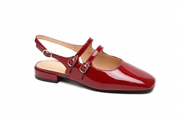 A92-2 flat sling back in burgondy patent leather with 2 straps